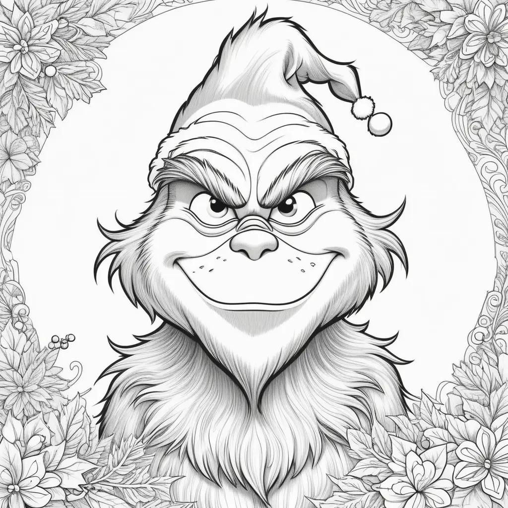 Grinch coloring page with a grumpy face and a Santa hat