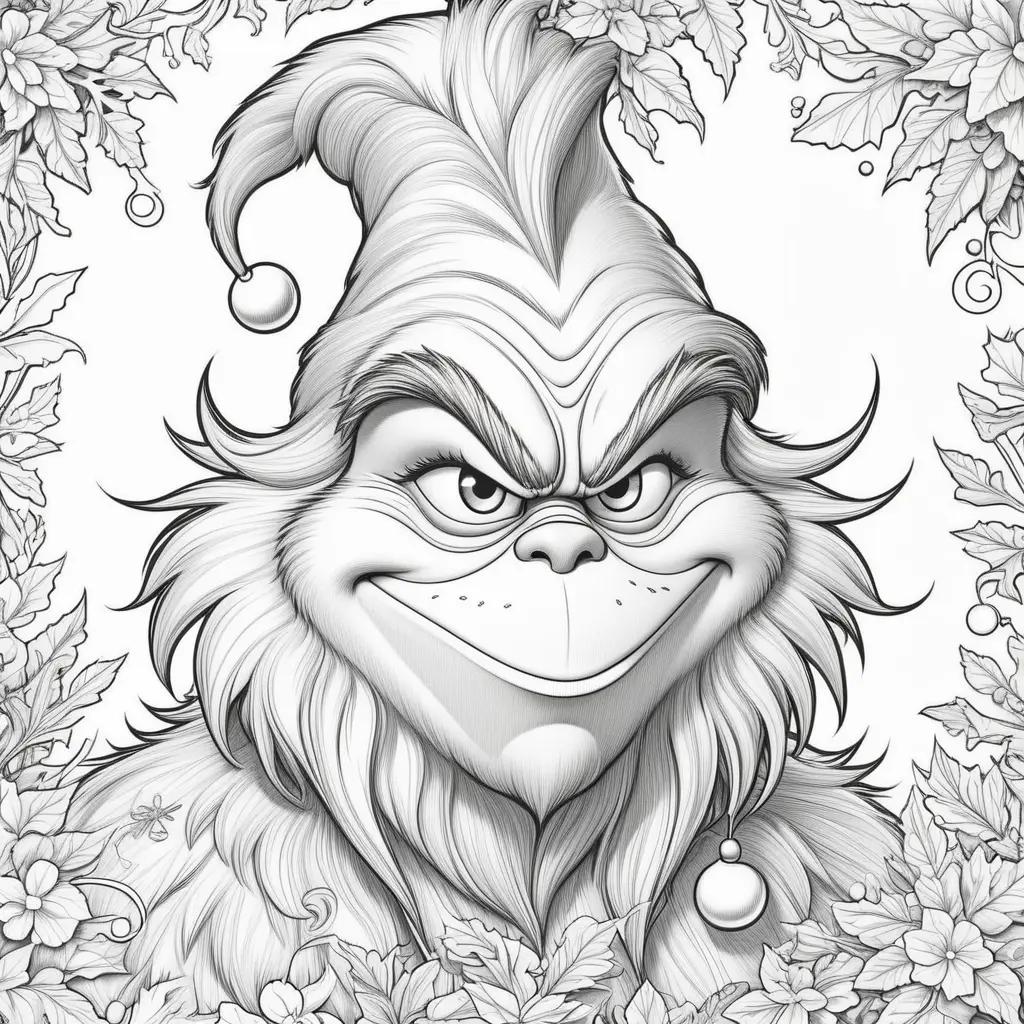 Grinch coloring pages, black and white, wreath