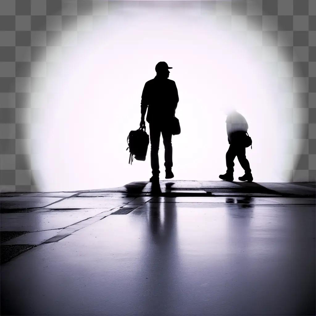 歩道を歩く子供を連れた男性のザラザラした写真