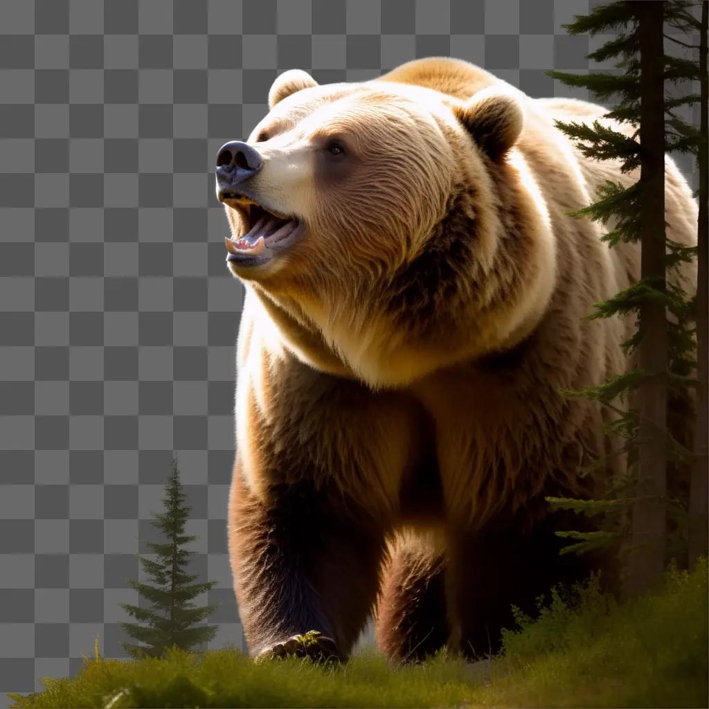 Grizzly bear stands in a forest with a bright sky