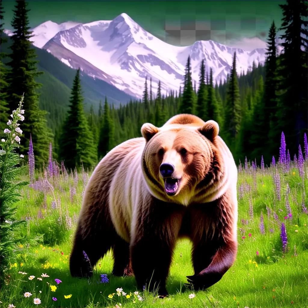 Grizzly bear stands in a lush green field