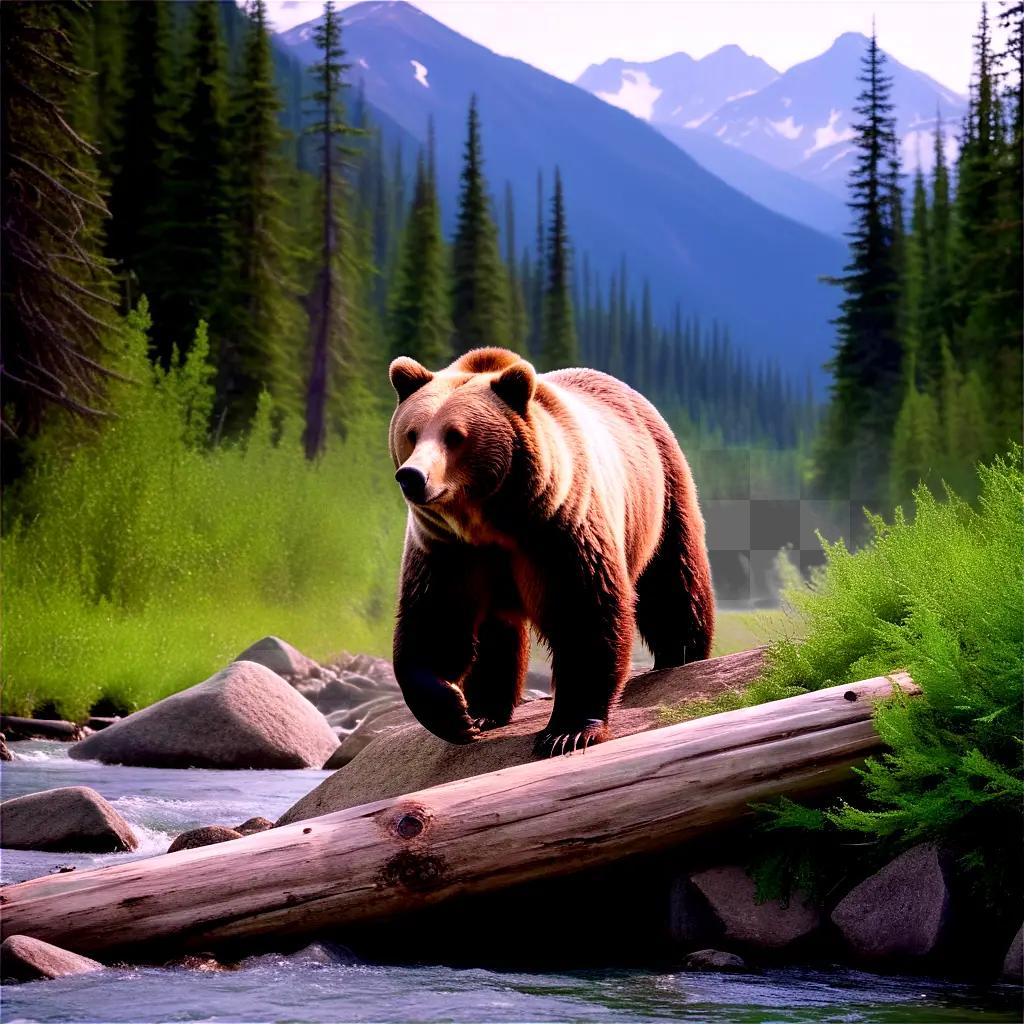 Grizzly bear walking across log on river