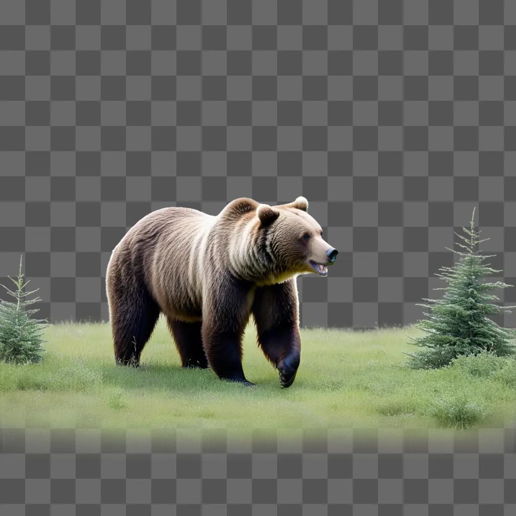 Grizzly bears in a green forest with pine trees