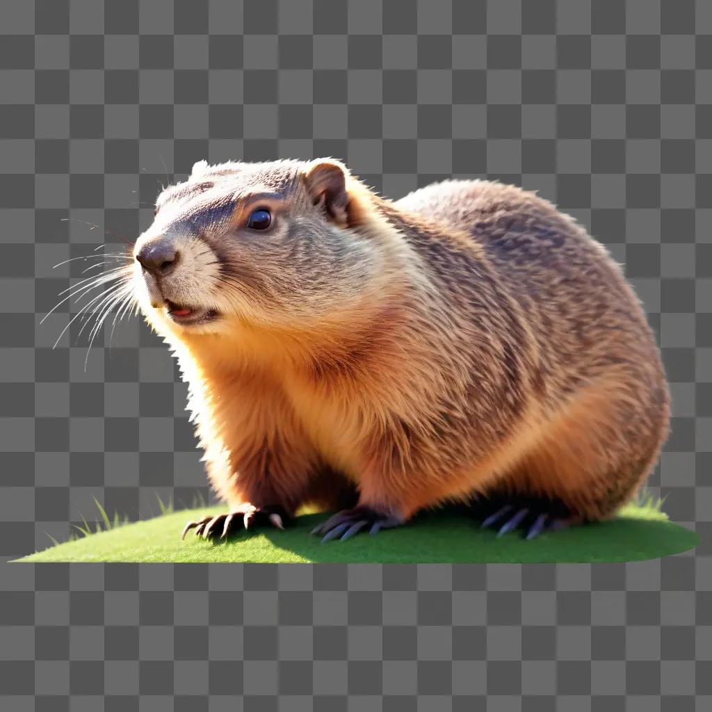 Groundhog with claws on grassy ground