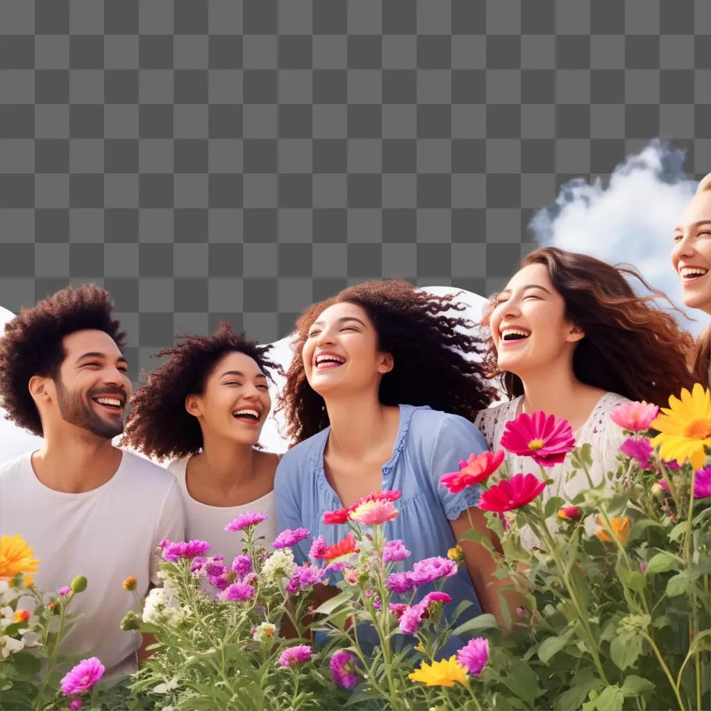 Group of friends laugh and smile while surrounded by colorful flowers