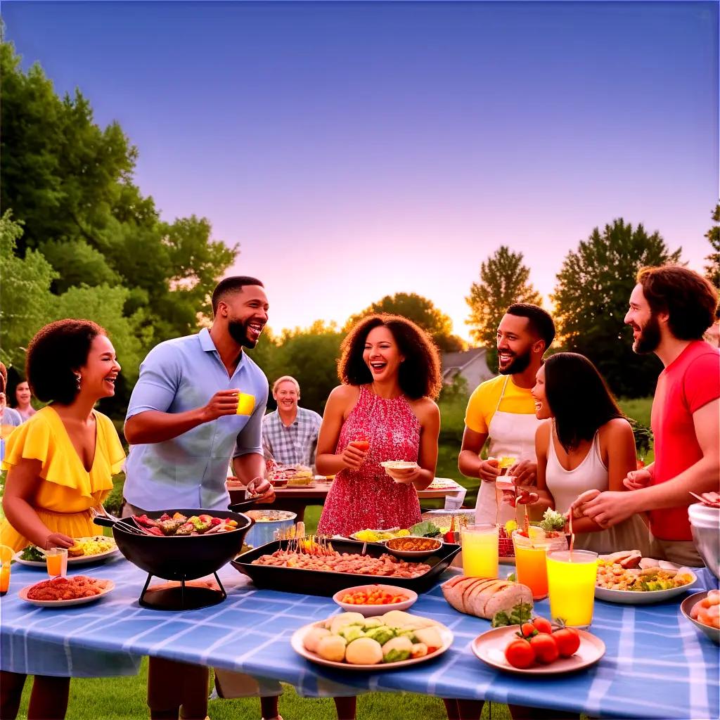 Group of people at a cookout with food and drinks