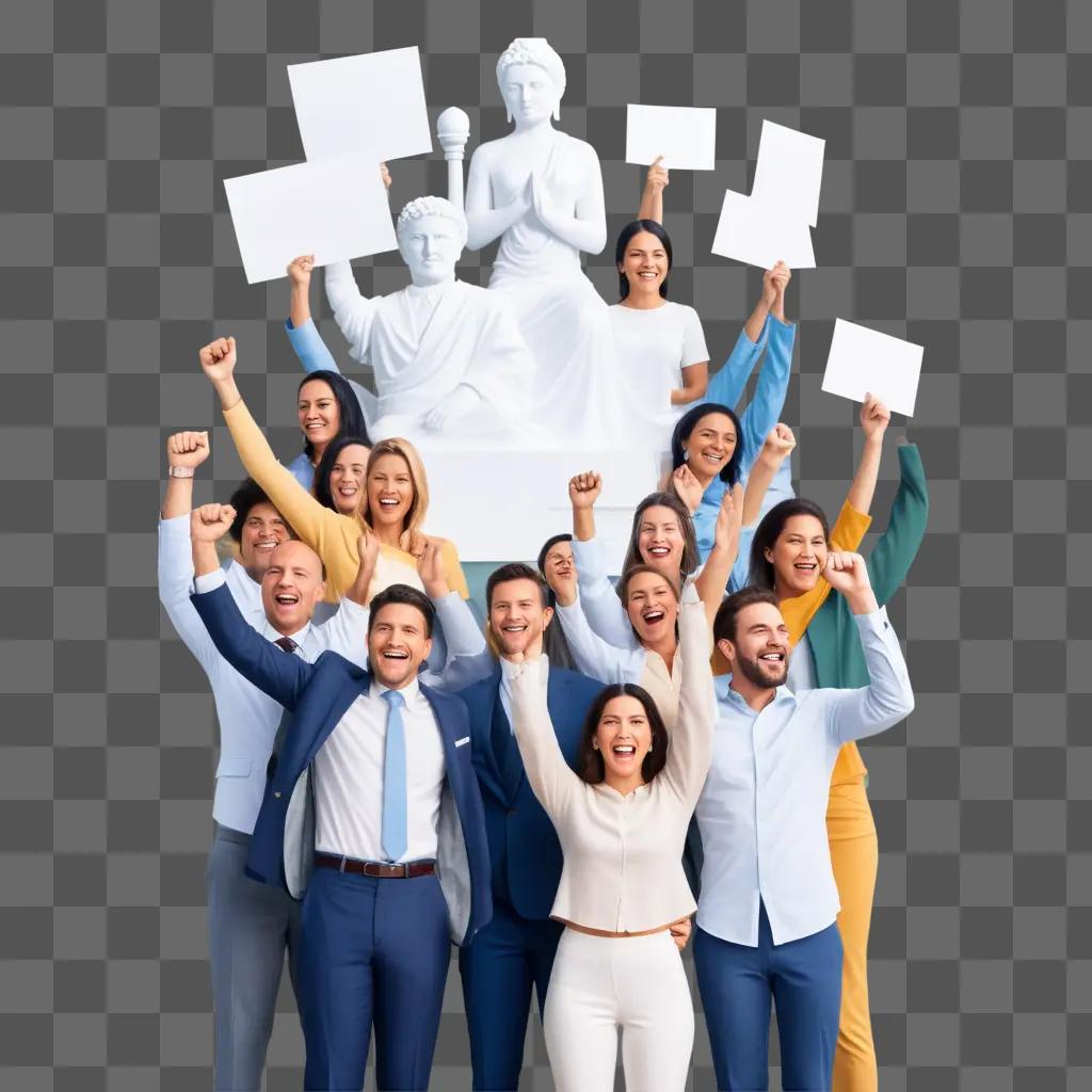 Group of people cheering and raising their hands