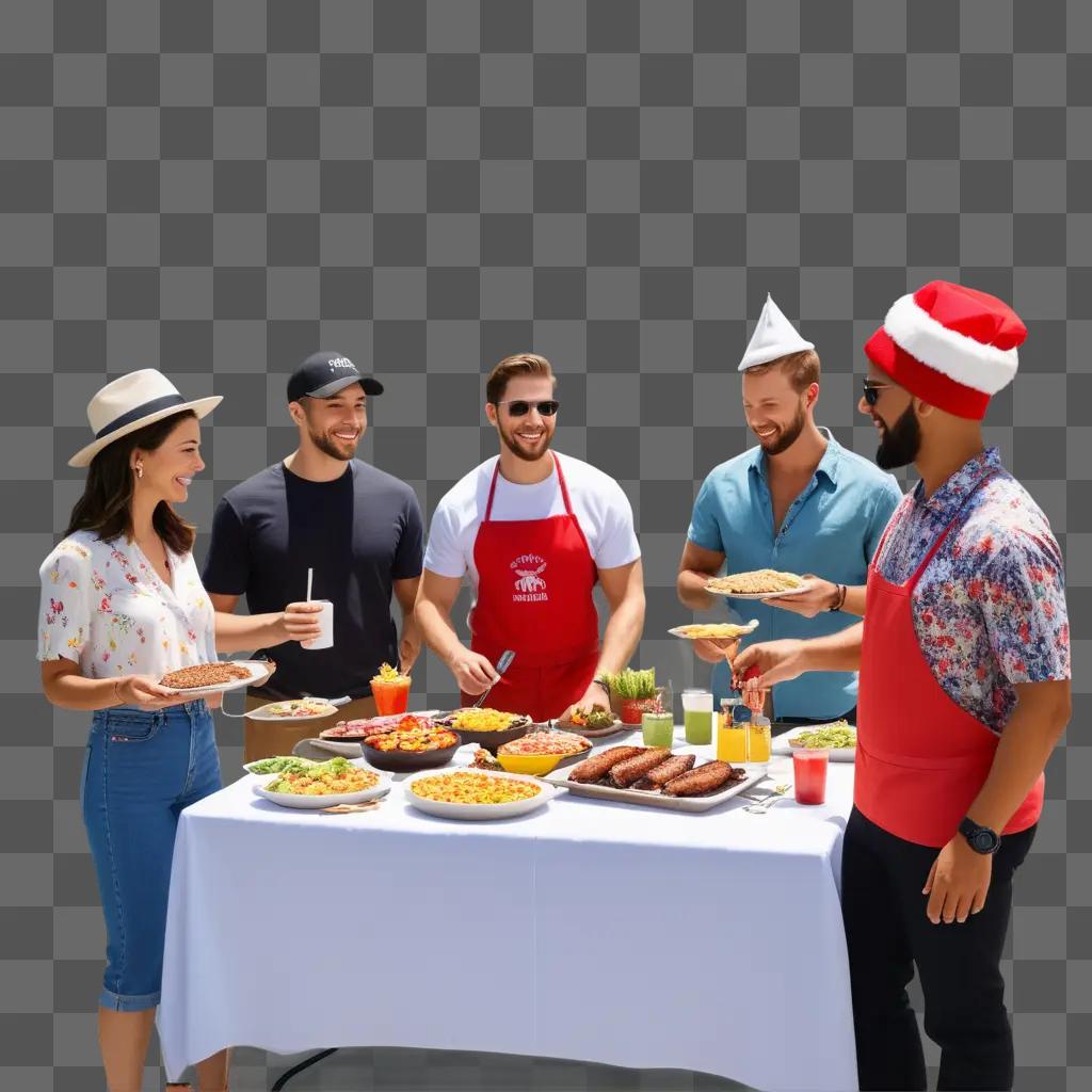 Group of people enjoy a cookout with food and drinks