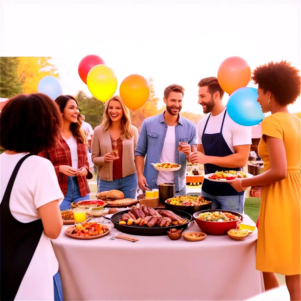 Group of people enjoying a cookout with food and drinks