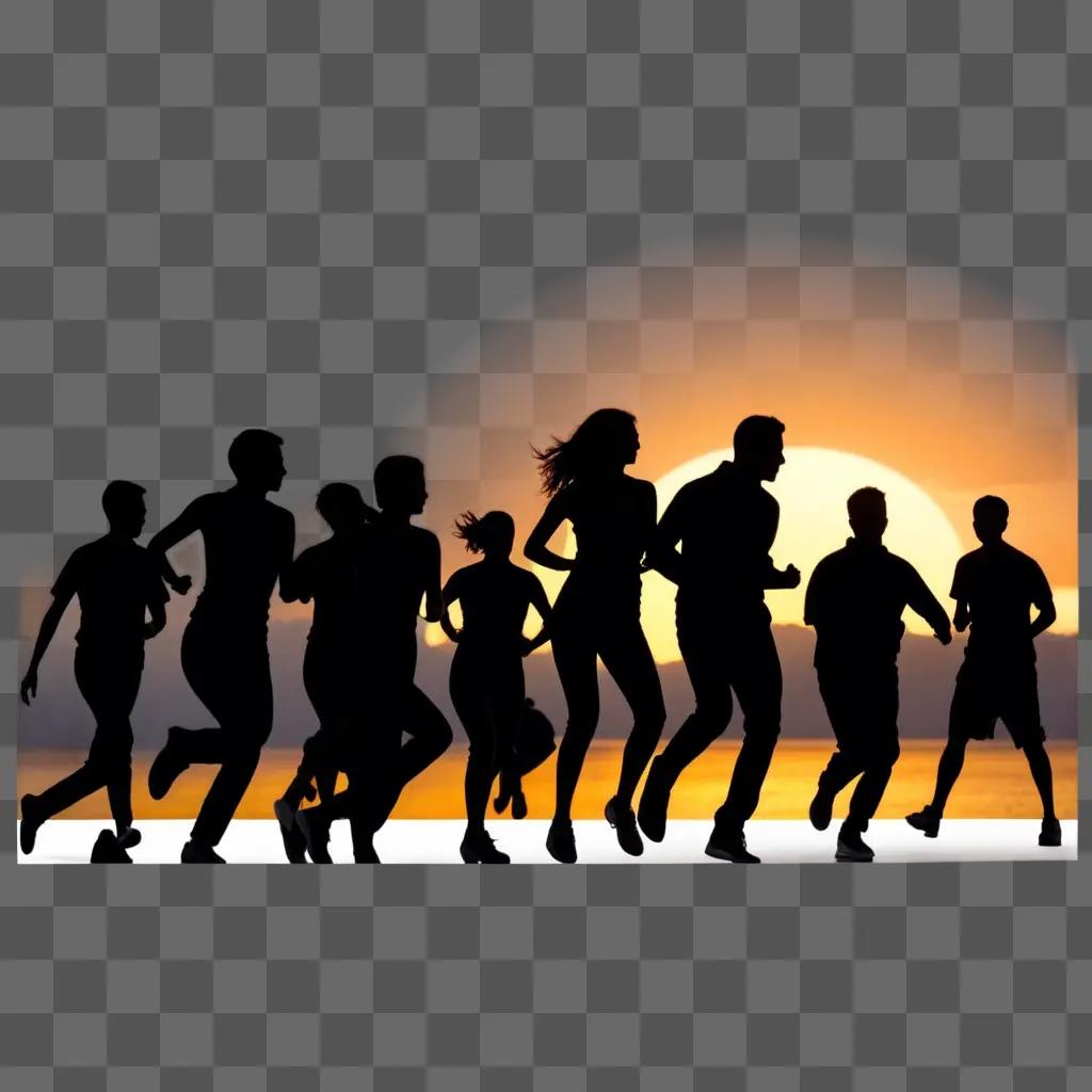 Group of people running in silhouette against a sunset backdrop