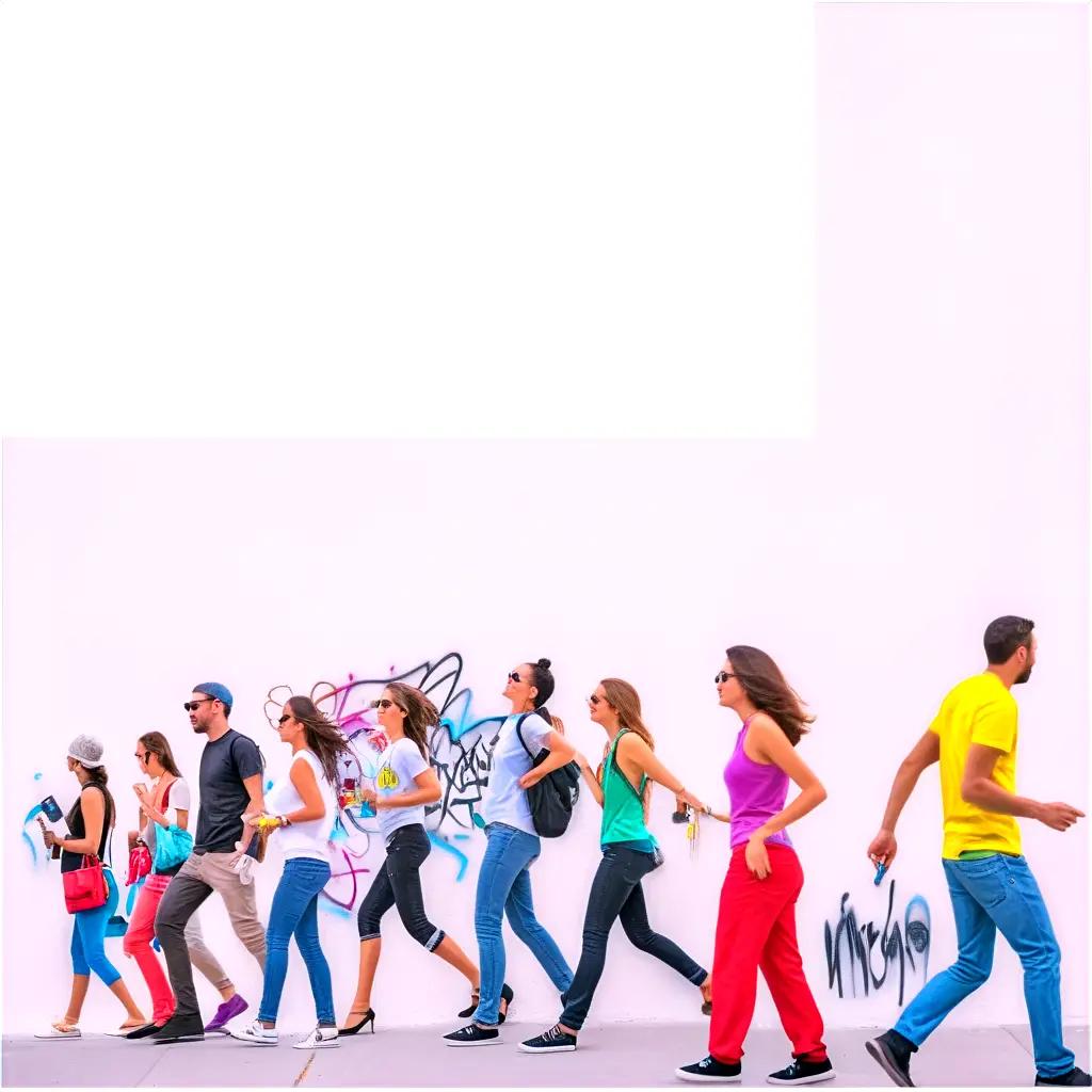 Group of people walking past a wall covered in graffiti