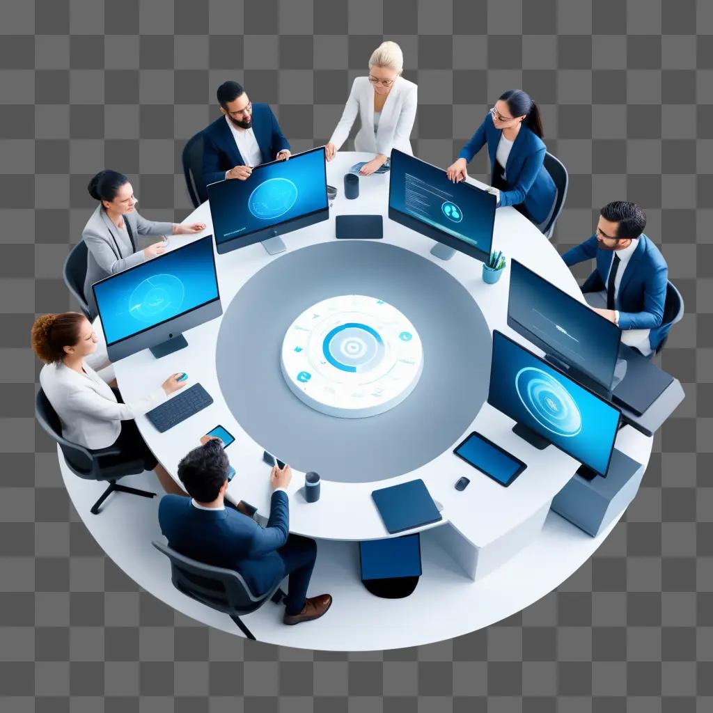 Group of people working on computers around a round table