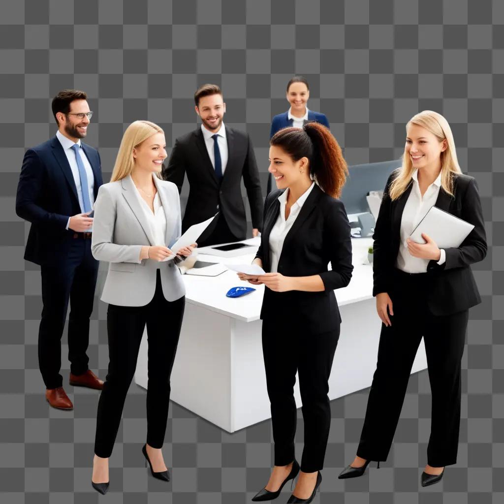 Group of smiling employees stand together on a white desk