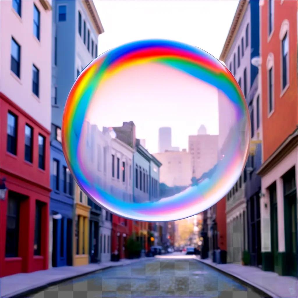 Gum bubble floats above city buildings