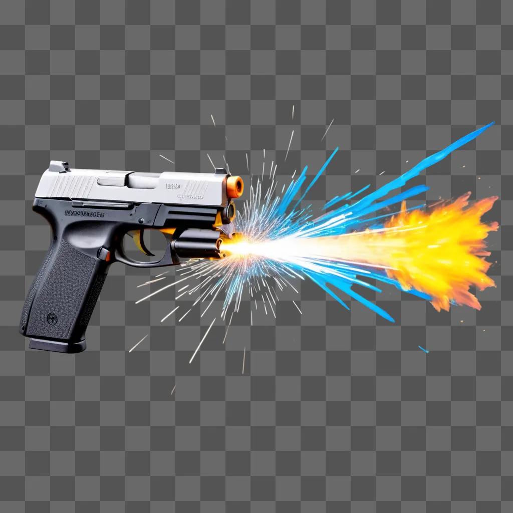 Gun flash, a weapon, and a background of green and blue