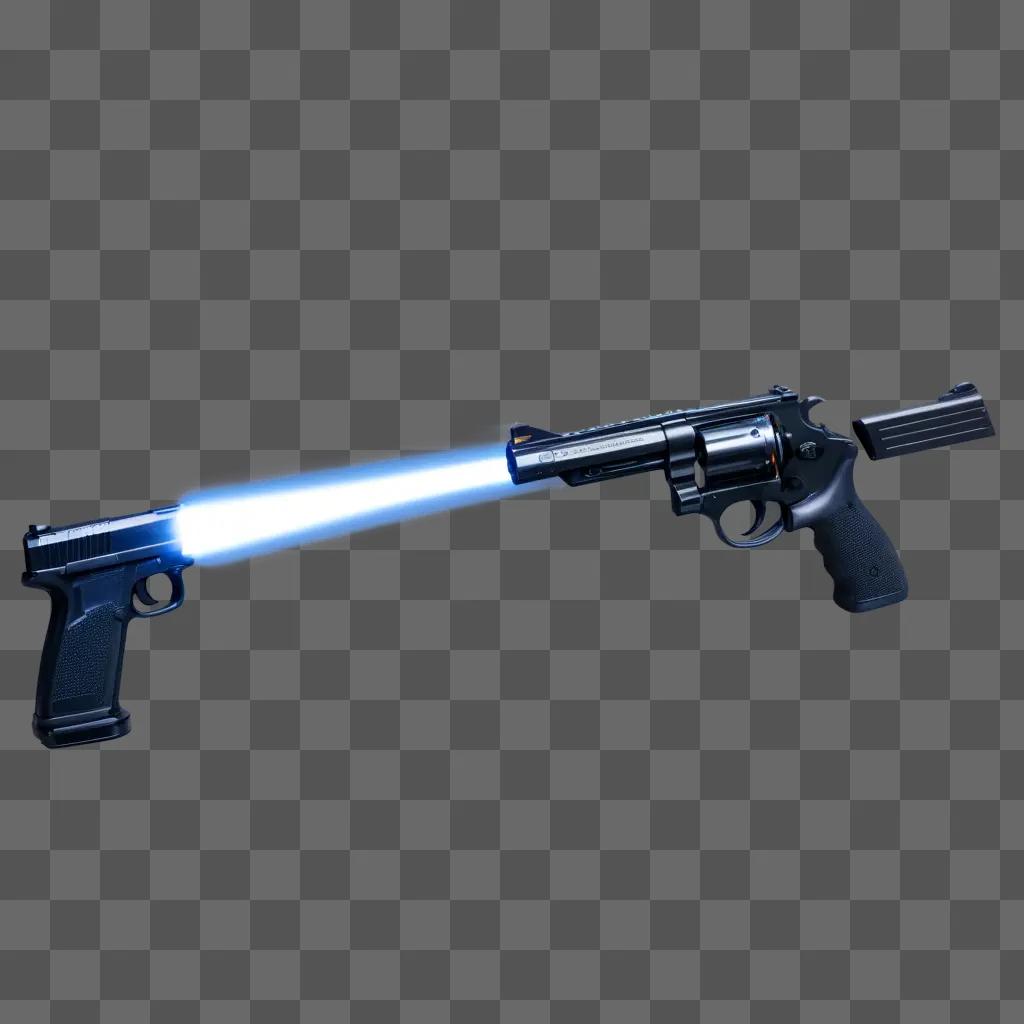 Gun with flash in the dark and blue light