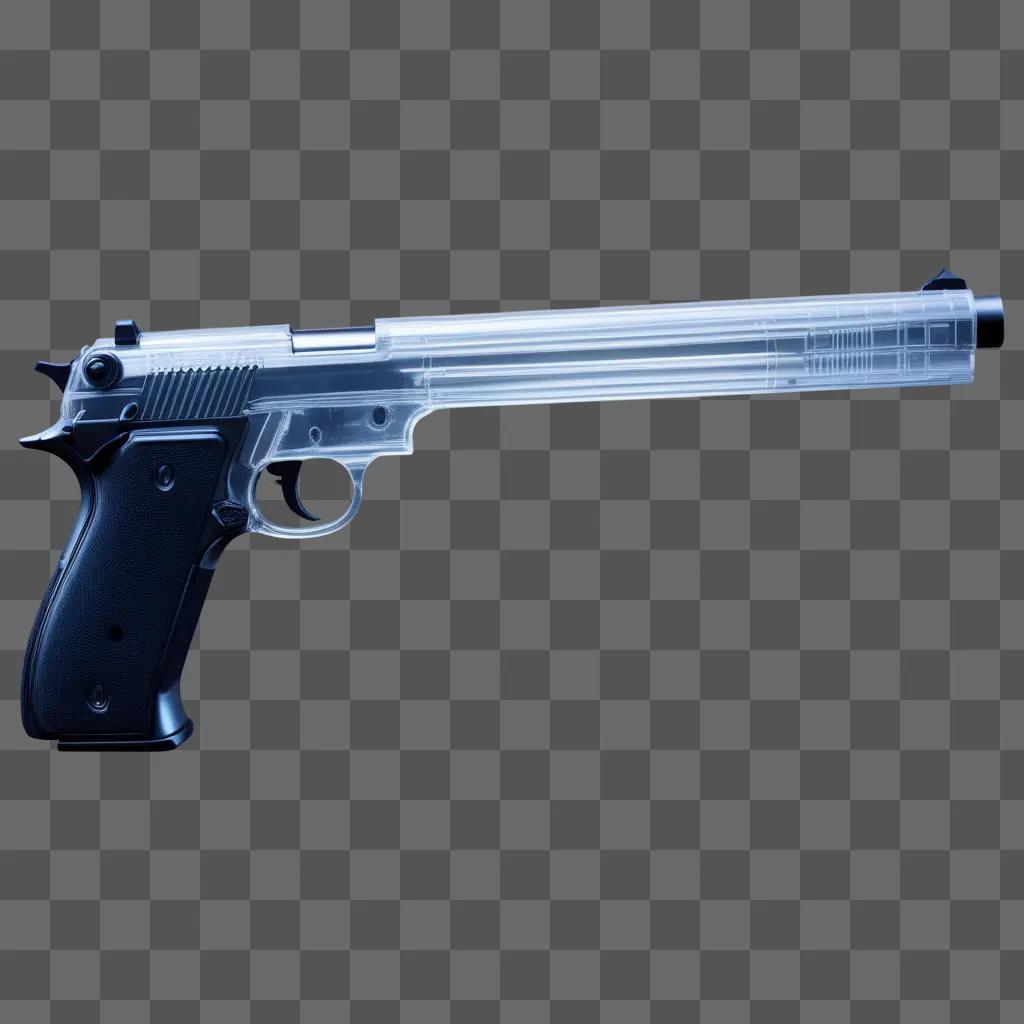 Gun with transparent back against a blue background