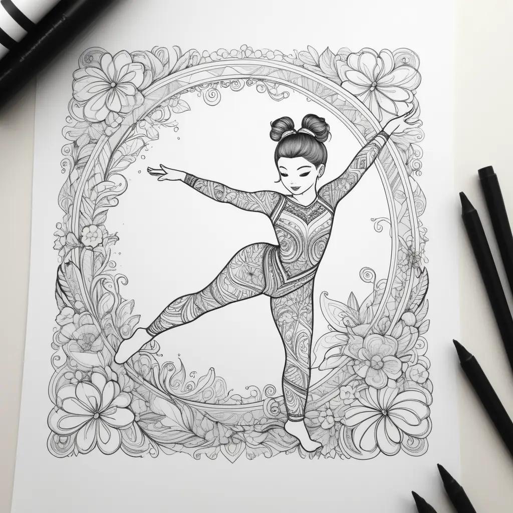 Gymnastic coloring page with floral frame