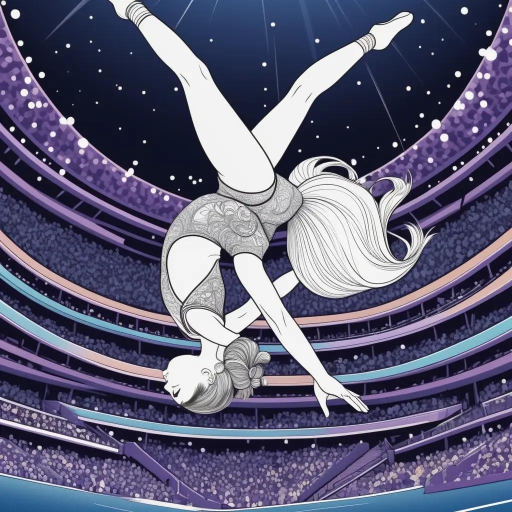 Gymnastics color pages: black and white illustration of a girl doing a flip in the air