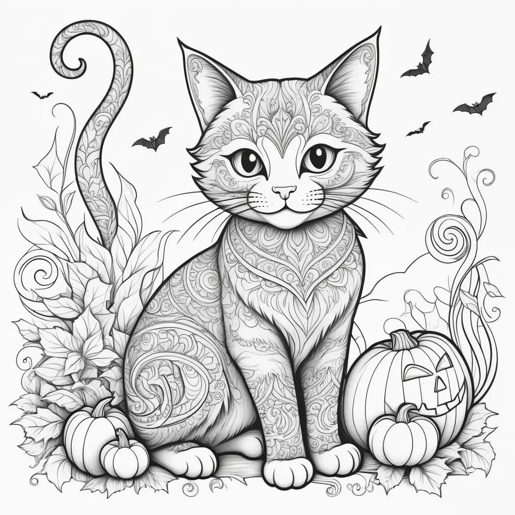 Halloween Cat Coloring Page with Halloween Bats