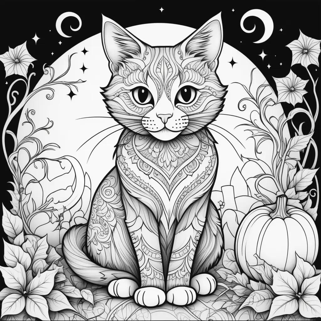 Halloween Cat Coloring Page with Spooky Halloween Flowers