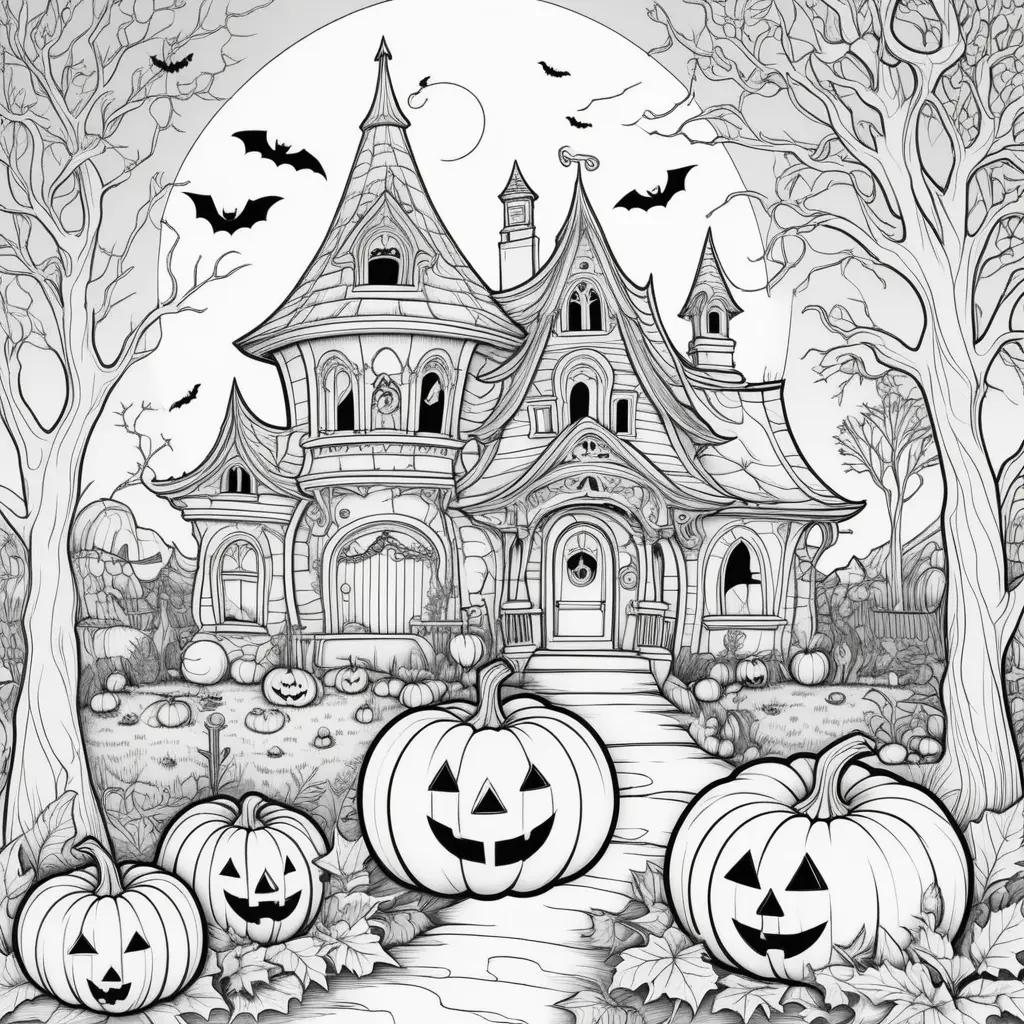 Halloween Coloring Book Pages Featuring Pumpkins and a Haunted House