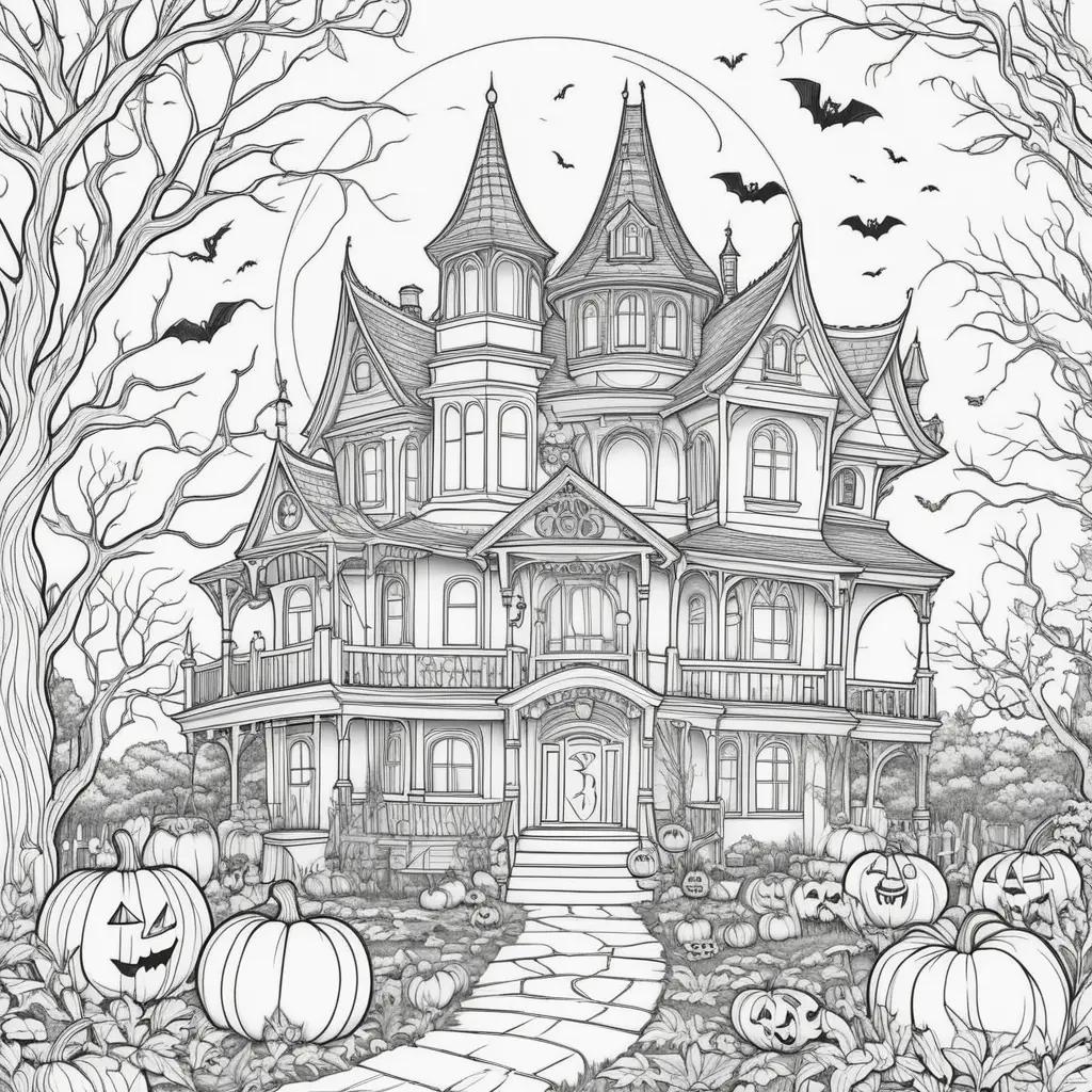 Halloween Coloring Page with Ghosts and Pumpkins