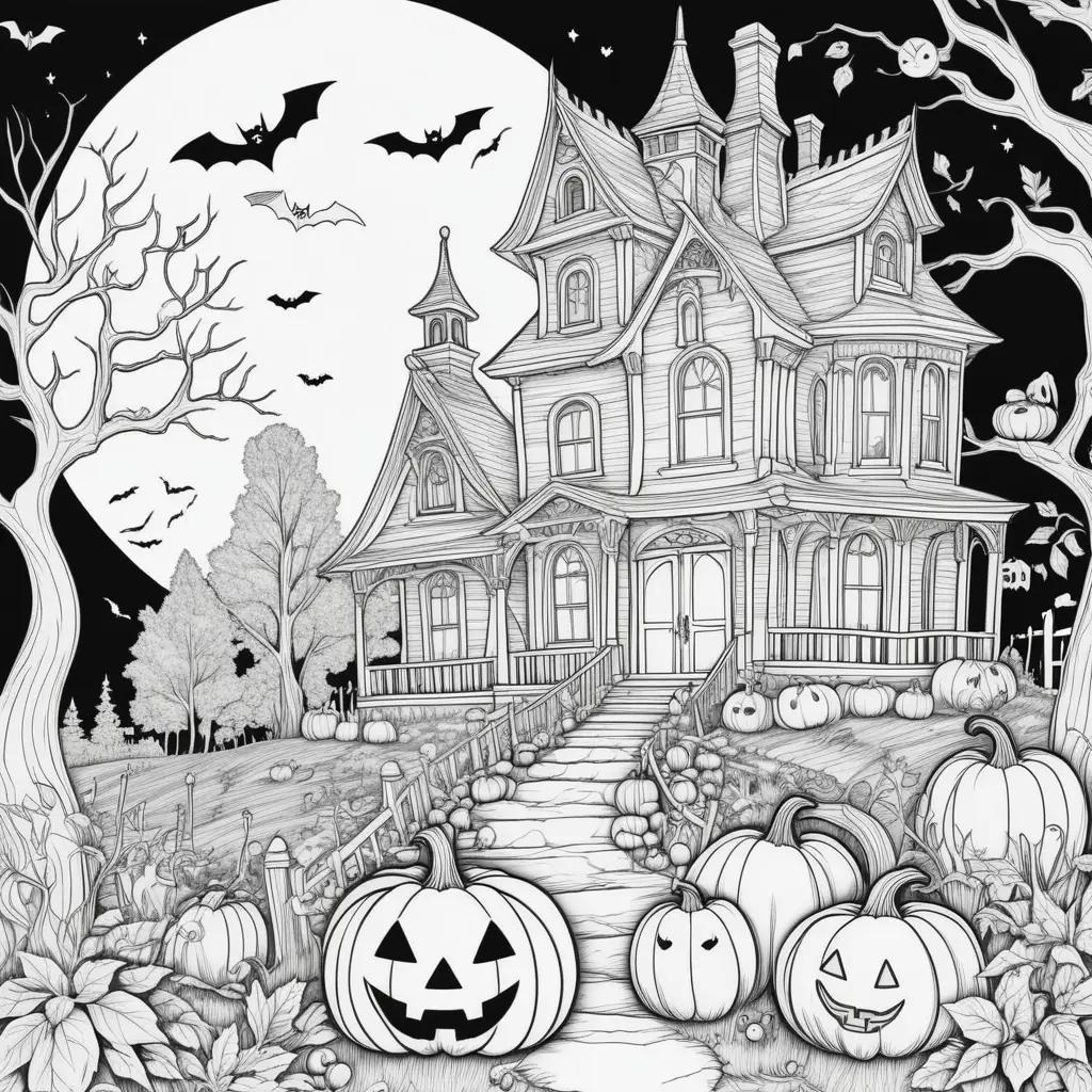 Halloween Coloring Page with a scary castle and pumpkins