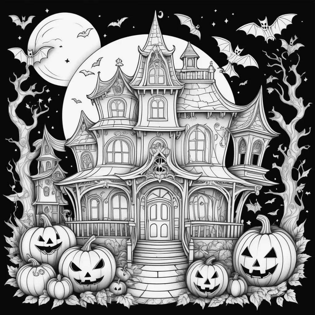 Halloween Coloring Pages for Adults: A spooky scene with bats and pumpkins