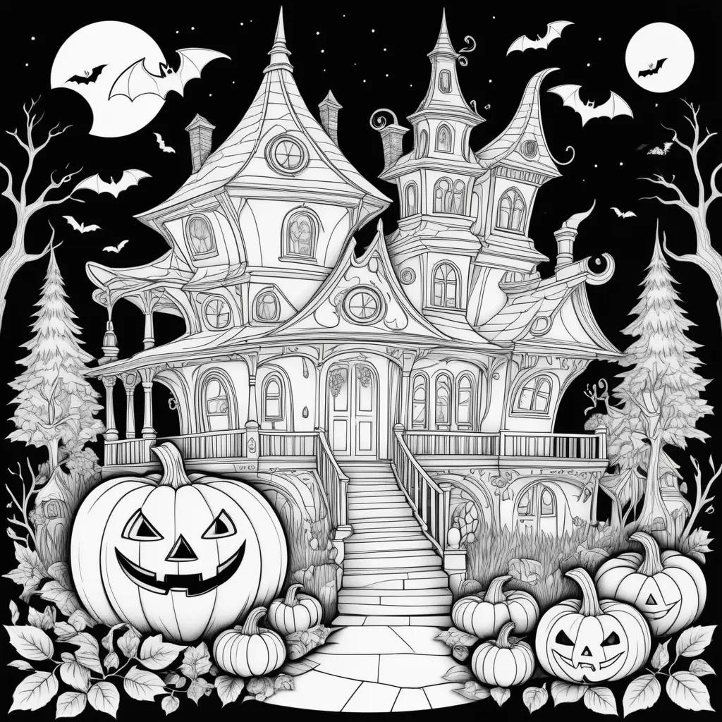 Halloween Coloring Pages for Adults: Halloween House with Pumpkins