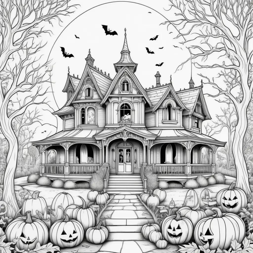 Halloween Coloring Pages for Adults: Spooky House and Pumpkins