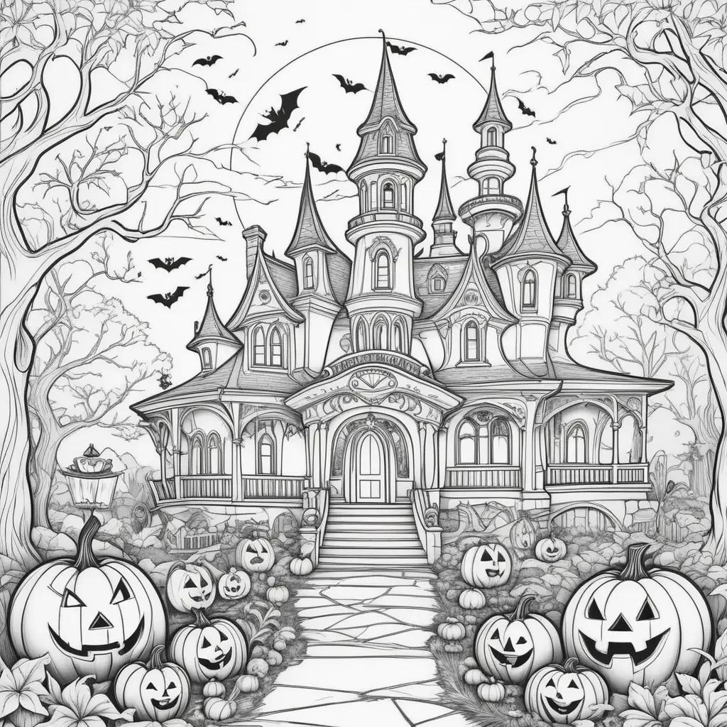 Halloween Disney coloring pages with a castle and pumpkins