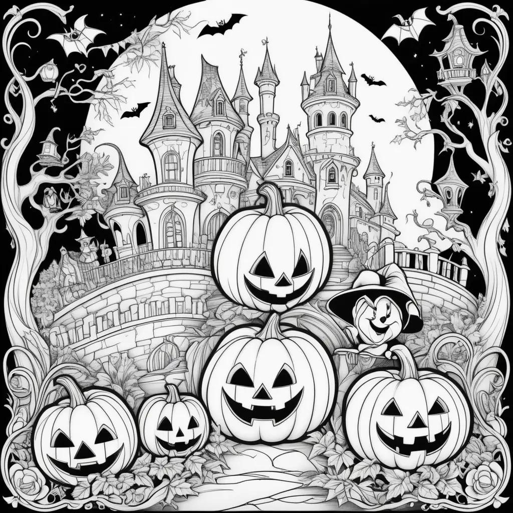 Halloween Disney coloring pages with scary pumpkins and bats