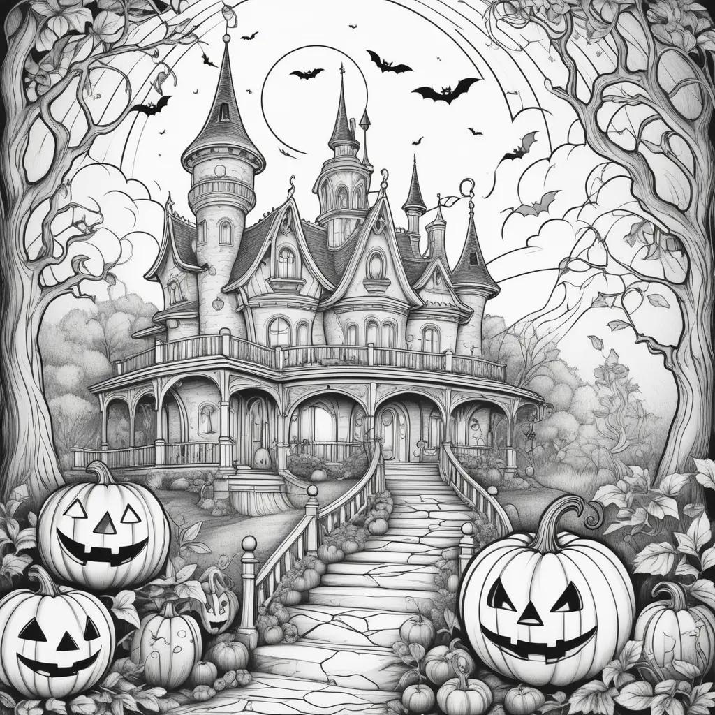 Halloween Disney coloring pages with spooky castle and pumpkins