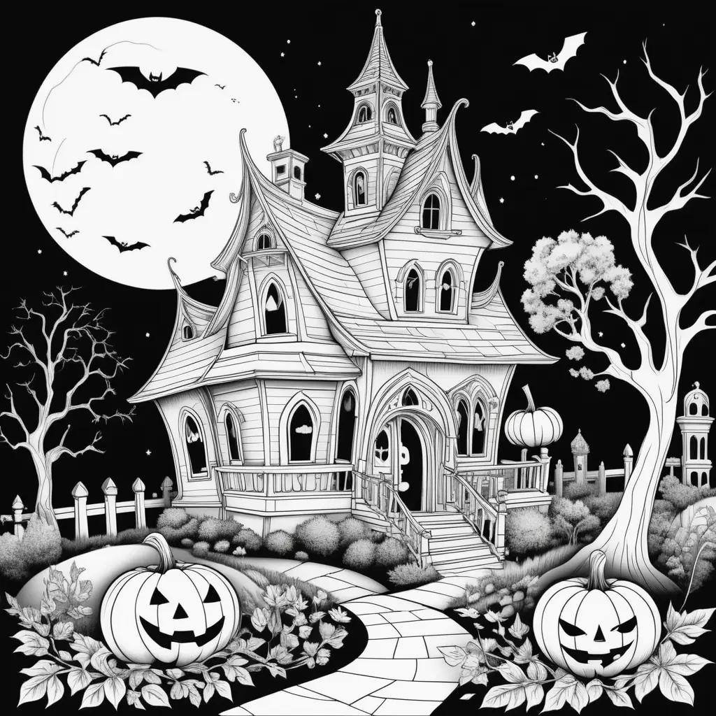 Halloween House Coloring Page with Jack-O-Lanterns and bats