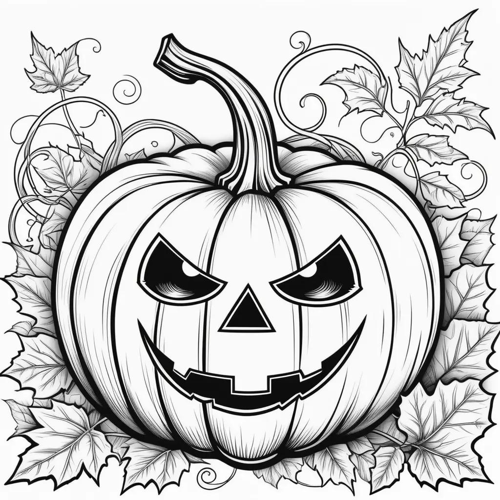 Halloween Pumpkin Coloring Page with Spooky Face and Leaves