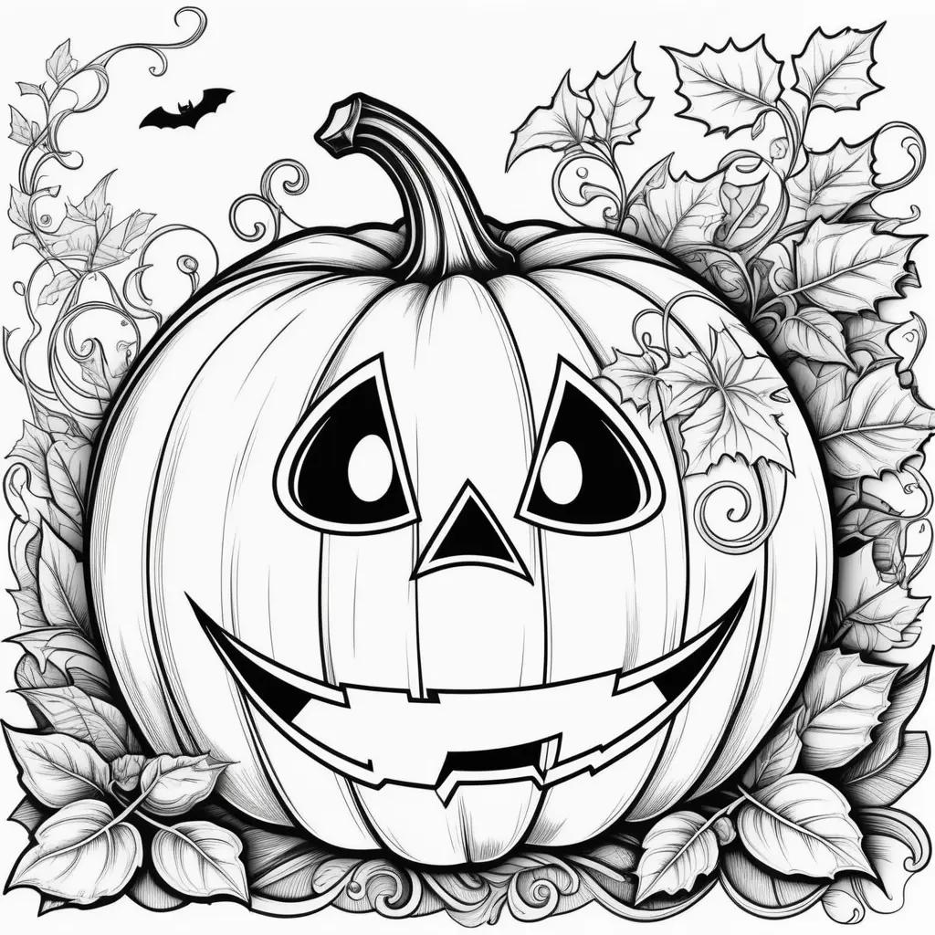 Halloween Pumpkin Coloring Pages with Leaves and Bat