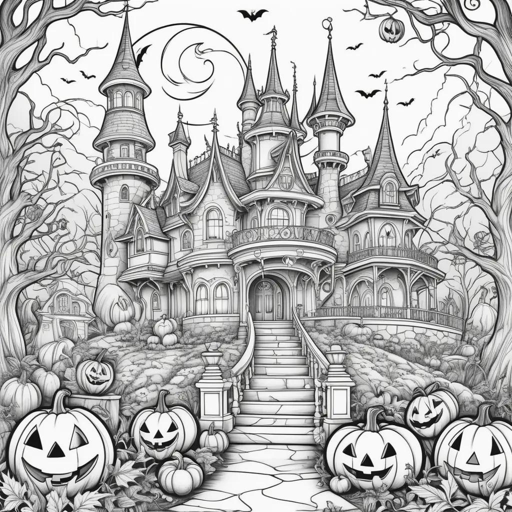 Halloween castle with pumpkins and bats