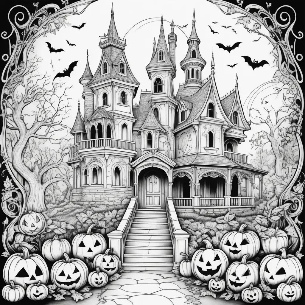 Halloween castle with pumpkins and bats in black and white