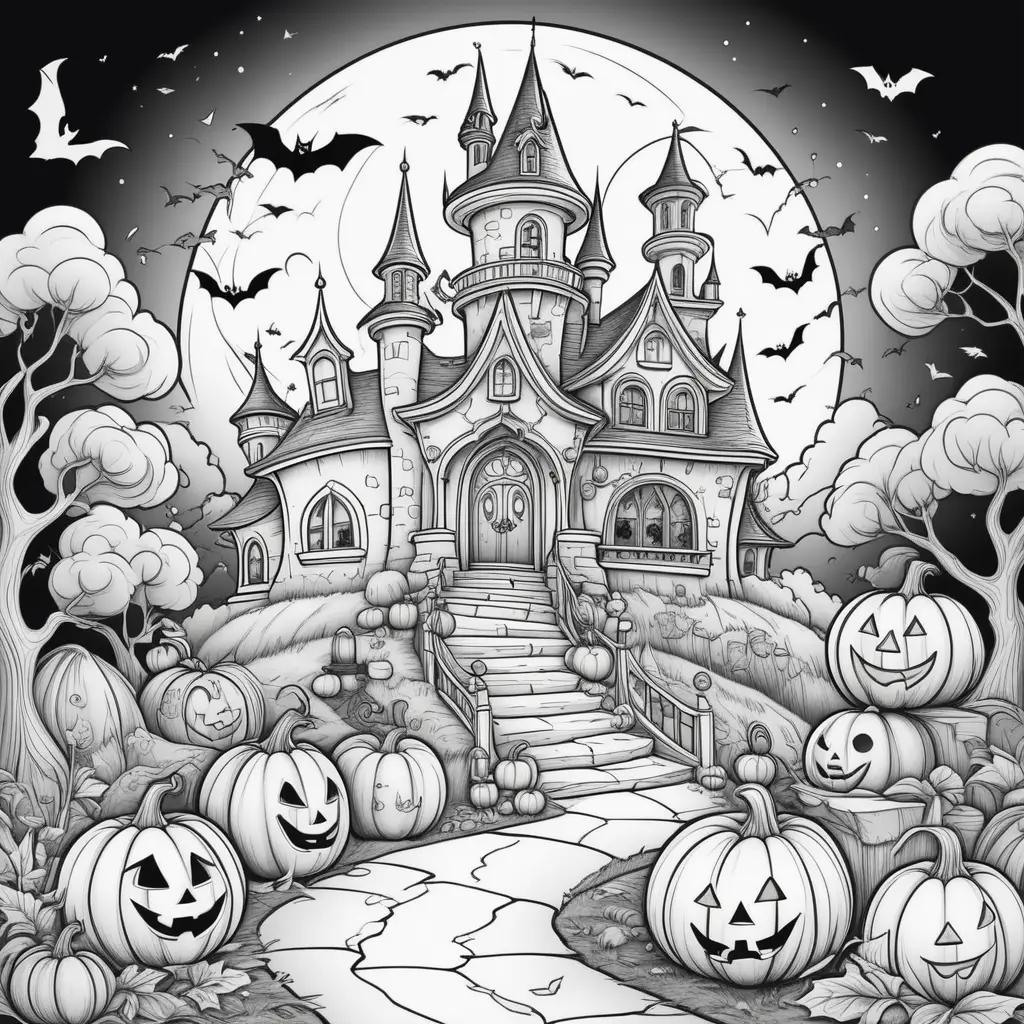 Halloween castle with pumpkins and bats in black and white