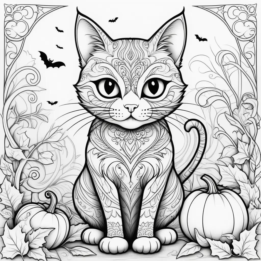 Halloween cat coloring page with a bat and pumpkins