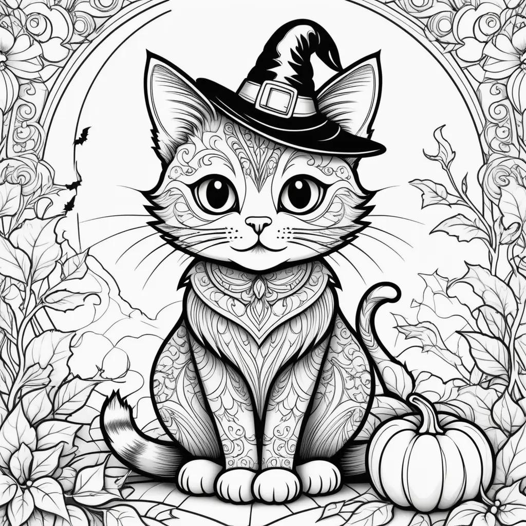 Halloween cat coloring page with a witch hat