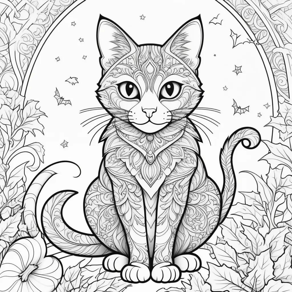 Halloween cat coloring page with bats and leaves