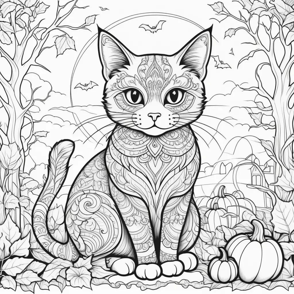 Halloween cat coloring page with bats and pumpkins