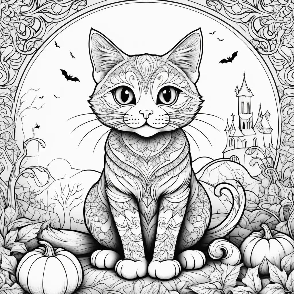 Halloween cat coloring page with bats and pumpkins