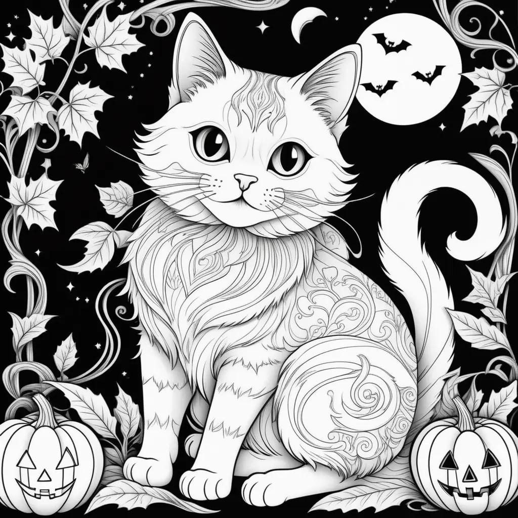 Halloween cat coloring page with bats and pumpkins