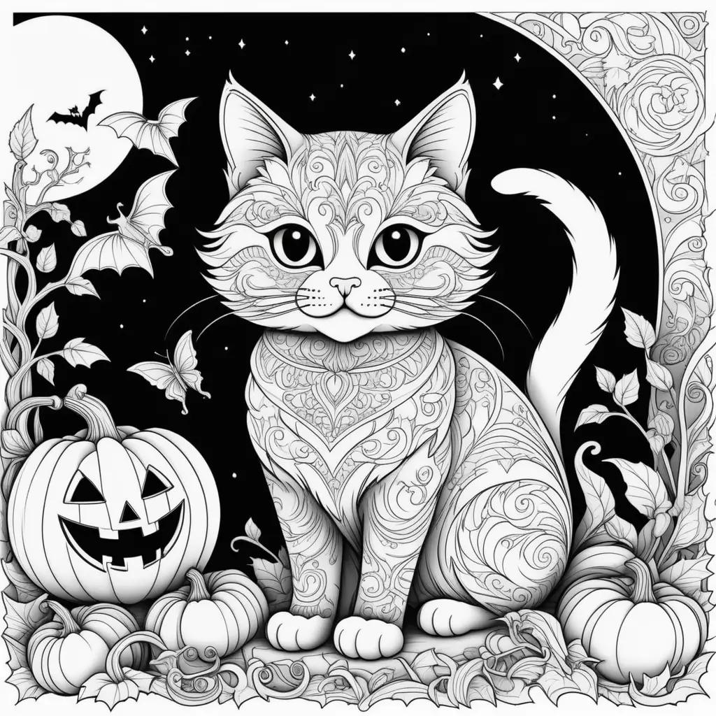 Halloween cat coloring page with bats and pumpkins