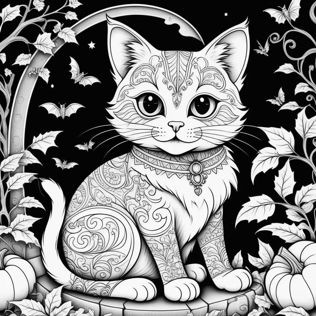 Halloween cat coloring page with black and white design