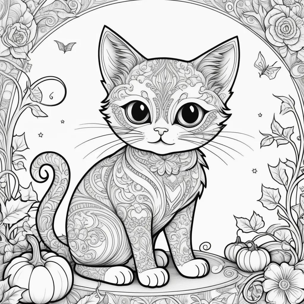 ハロウィーンの猫のぬりえ:猫とカボチャの白黒イラスト