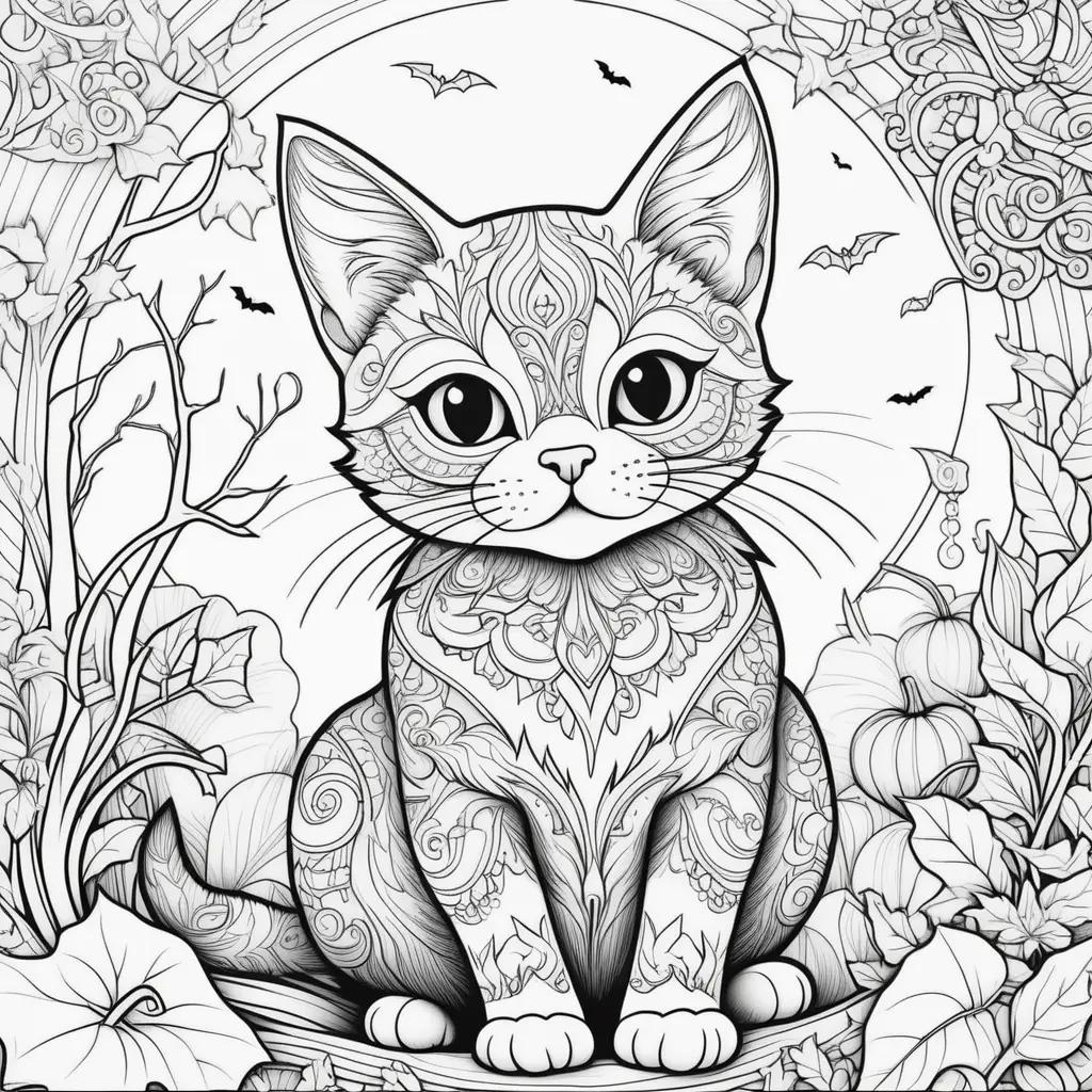 Halloween cat coloring pages featuring a bat and a pumpkin